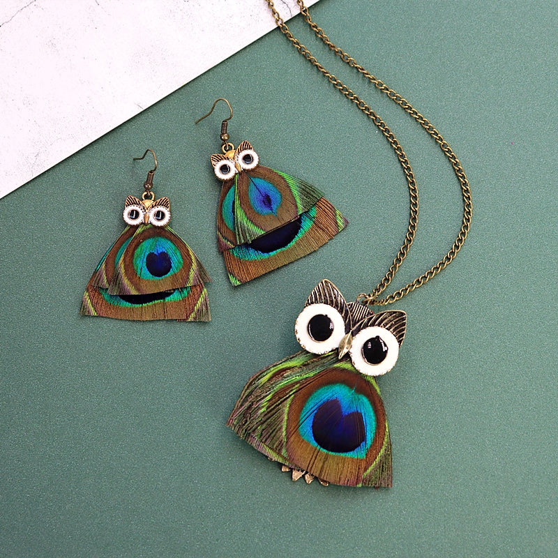 Peacock Feather Owl Necklace
